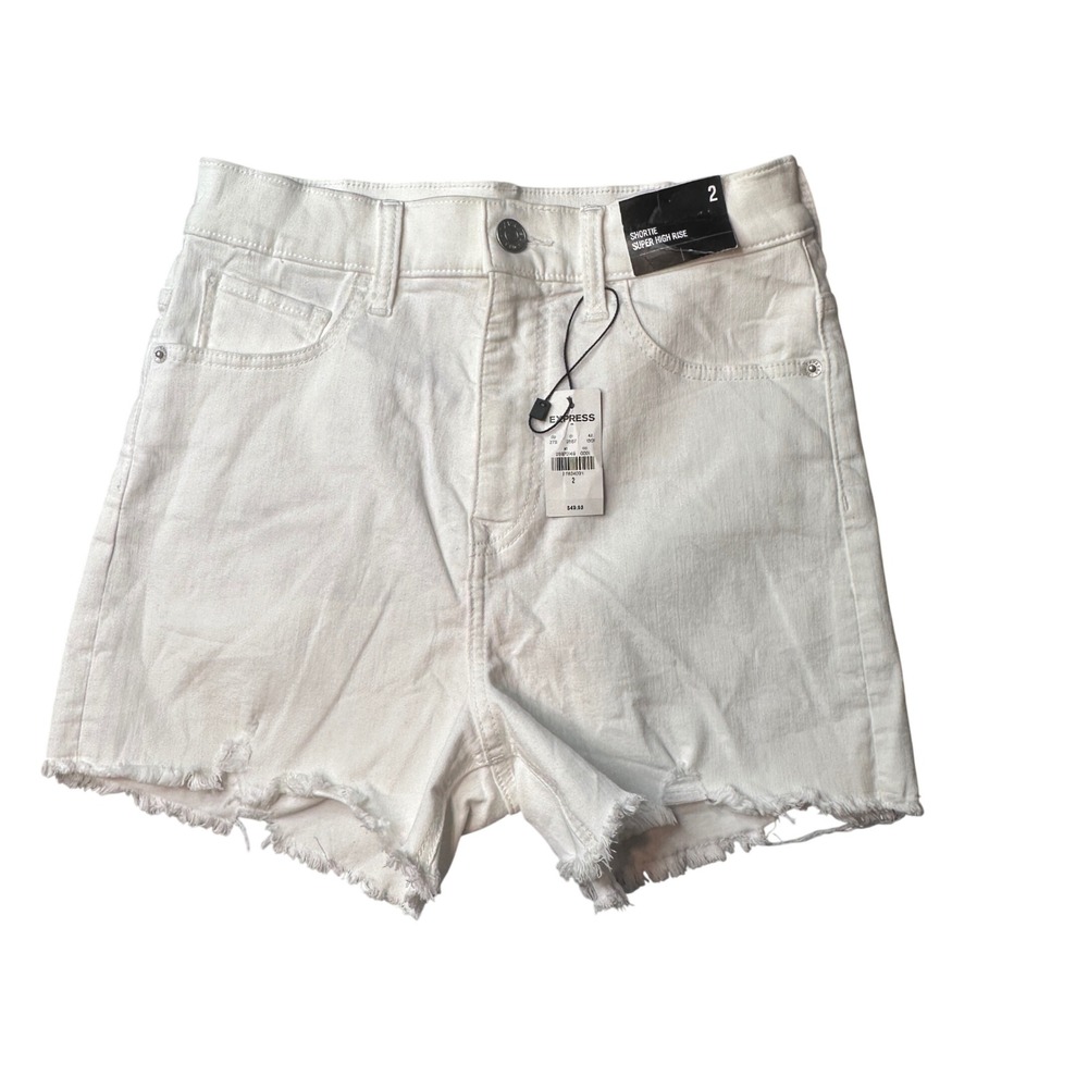 Express Denim Shorts Womens 2 White Shortie Super High Rise Raw Hem Stretch